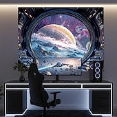 cheap Wall Tapestries-Spaceship Porthole View Outer Space Galaxy Universe Ringed Planet Nebula Stars Icy Moon Landscape Sci-Fi Window Wall Tapestry Hanging for Gaming Room Decor Bedroom Office Backdrop