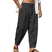 baratos Feriado-Homens Calças de linho Calça verão Calças de praia Com Cordão Bolsos Tecido Confortável Respirável Comprimento total Diário Casa Ao ar livre Férias Simples Preto Branco Sem Elasticidade