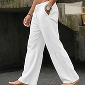 cheap Retro-Men's Culottes Wide Leg Linen Pants Summer Pants Baggy Pants Drawstring Patchwork Elastic Waist Plain Comfort Breathable Full Length Casual Daily Outdoor Vacation Fashion Black White Inelastic