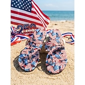  Women's USA 250th Anniversary Patriotic Flip Flops - Star and Stripe Pattern Thong Sandals with Gold Buckle for 2026 Independence Day, Beach Vacations & Summer Parades