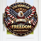  Dřevěná cedule s vlasteneckou cedulí k 250. výročí USA, dekorace na dveře s orlem, Zvonem svobody a Sochou svobody ke Dni nezávislosti, 1776–2026, dekorace na vstupní dveře ke 4. červenci