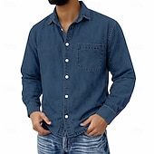 cheap Men's Button Up Shirts-Men's Shirt Casual Shirt Vintage Shirt Button Up Shirt 100% Cotton Acid Wash Shirt Blue Black Light Green Wine Navy Blue Long Sleeve Plain Lapel Streetwear Going out Pocket Clothing Apparel Cotton