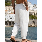 baratos Feriado-Homens Calças de linho Calça verão Calças de praia Com Cordão Bolsos Tecido Confortável Respirável Comprimento total Diário Casa Ao ar livre Férias Simples Preto Branco Sem Elasticidade