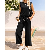 abordables Survêtements-Femmes Ensembles de survêtements à enfiler Survêtement 2 pièces Tenues de détente Cordon de serrage avec poche Couleur Unie Ensemble de vêtements de sport Été Printemps Bleu marine Noir Entraînement