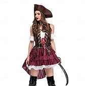 baratos Conjuntos-Conjunto Medieval Renascentista Vestidos Chapéus Cinto com acessórios Pirata Fantasia Mulheres Pirata Dia Das Bruxas Carnaval Baile de Máscaras feira renascentista Festa Temática Retro Adulto Vestido