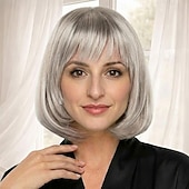 Недорогие старший парик-Элегантный парик-каре для женщин — гладкий темно-коричневый с естественной челкой.