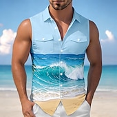 ieftine Print oceanic-Bărbați Ocean Peisaj Mare Cămașă Cămașă hawaiană Cămașă Aloha Fără manșon Stațiune Vacanta la plaja Vară Primăvară Răsfrânt Imprimare 3D Două buzunare în față Cămăși cu nasturi Albastru piscin