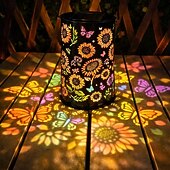 abordables Luces de camino y linternas-Farol solar exterior impermeable colgante, diseño retro hueco con proyección de mariposa, decoración LED para jardín, patio, regalo para mujeres, mamá y abuela.