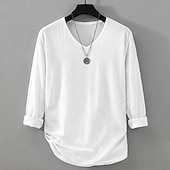 お買い得  コットンリネンTシャツ-男性用 ティートップ リネンTシャツ 長袖 Ｖネック 夏 春 純色 平織り 日常 カジュアル ストリートスタイル 平織り カジュアル アウトドア ストリート ホワイト メンズトップTシャツ