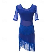 baratos Vestidos de Prática-Vestido de dança feminino vermelho com franjas e patchwork em tule.