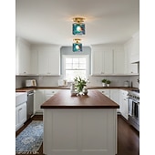 baratos Montagem Embutida &amp; Montagem Semi Embutida-Luminária de teto retrô com vitral azul cilíndrico em vidro com padrão de água, ideal para ilha de cozinha. Luminária de teto vintage ajustável em latão.
