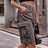 abordables Pantalones cortos bermudas-Mujer Bermudas Pantalón Corto Cargo Chinos Vacaciones Ropa de calle Casual Longitud de la rodilla Media cintura Color sólido Bolsillo Confortable Rígido Diario Exterior Vacaciones Azul Piscina Ocre
