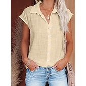 cheap Plain Blouses-Women's Blouse Cotton Shirt Buttons Solid Color Vintage Daily Stylish Short Sleeve Shirt Collar Regular Tops Daily Blue Black White Pink Wine Summer Spring
