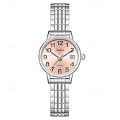 abordables Montres à quartz-Montre femme avec bracelet élastique en acier, montre à quartz facile à lire avec cadran rose et affichage de la date, bracelet extensible en acier inoxydable, cadeau idéal pour femme ou jeune fille,