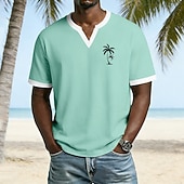 baratos Magliette tropicali da vacanza-Camiseta masculina de manga curta com estampa de palmeiras, estilo tropical, para praia, em tecido waffle cinza, modelagem regular, ideal para férias e atividades ao ar livre. Disponível nos tamanhos