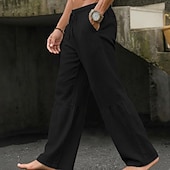 cheap Retro-Men's Culottes Wide Leg Linen Pants Summer Pants Baggy Pants Drawstring Patchwork Elastic Waist Plain Comfort Breathable Full Length Casual Daily Outdoor Vacation Fashion Black White Inelastic