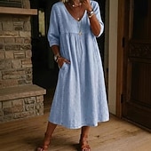 economico Abiti Falsi Essenziali-Abito Midi da Donna in 100% Cotone Abito a Finta Lino Abito all Aline Abito Estivo Vacanza Festa Casual Giornaliero Ufficio Spiaggia Vestibilità Larga Semplice Maniche Corte Collo a V Blu Chiaro Nero