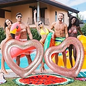 זול דקורציה לפטיו-טבעת שחייה בצורת לב עם נצנצים, מצע מצופה למבוגרים עם טבעת שחייה מעובה, זמין במידות 35.43 אינץ' / 47.24 אינץ'