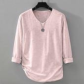お買い得  コットンリネンTシャツ-男性用 ティートップ リネンTシャツ 長袖 Ｖネック 夏 春 純色 平織り 日常 カジュアル ストリートスタイル 平織り カジュアル アウトドア ストリート ホワイト メンズトップTシャツ