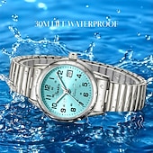 abordables Montres à quartz-Montre femme facile à lire, à quartz, avec bracelet extensible en acier inoxydable, cadran bleu turquoise avec affichage de la date, étanche, élégante et décontractée, idéale comme cadeau pour femme