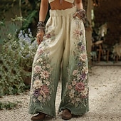 voordelige Grafische Broek-Dames Breed Been Broeken Palazzo-broek Vintage Boho Volledige lengte Hoge taille Bloem Elastische taille Opdrukken Ademend Comfortabel Straat Alledaagse kleding Uitgaan Licht Paars Oranje Groen Beige