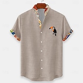 cheap Birds &amp; Animals-Men's Bird Tropical Plants Toucans Summer Hawaiian Shirt Button Up Shirt Stand Collar Shirt Short Sleeve Hawaiian Casual Beach Vacation Wear Summer Spring Mandarin Collar 3D Print Linen Like Shirt