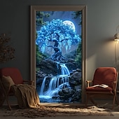 baratos Banners de Garagem e Porta-Árvore da vida, lua cheia gigante, raízes brilhantes, paisagem noturna mística, banner de porta, tapeçaria de parede, decoração para casa, decoração de porta de entrada, decoração de hall de entrada,