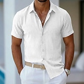 cheap Men's Button Up Shirts-Men's Shirt Summer Shirt Casual Shirt Beach Shirt Button Up Shirt Navy Blue Short Sleeve Plain Lines / Waves Lapel Casual Streetwear Clothing Apparel Fashion Casual Comfortable Smart Casual