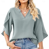 economico Bluse Semplici-Per donna Camicia Camicia Estiva Camicia casual Top in chiffon Volant Tinta unica Semplice Elegante Vacanza Moda Mezza Manica Scollo a V Top Regolari Quotidiano Ferie Uscire Nero Bianco Rosa Verde