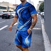 cheap Men's Printed Tees sets-Men's Geometic Line 2pcs Tees sets Summer Tops Short Sleeve Short Pants Crew Neck Casual Trendy Daily Vacation 3D Print Summer Blue Purple Green