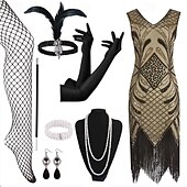 economico Abiti degli anni '20-Set Anni Ruggenti Anni 1920 Lunghezza al ginocchio Vestito Abito Flapper Abiti con accessori Senza maniche Il grande Gatsby Charleston Taglie Forti Frangia con nappe Scollo a V Costume Per donna