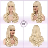 abordables Pelucas sintéticas de moda-Pelucas rubias con flequillo, corte de pelo largo ondulado en capas, aspecto natural, peluca sintética esponjosa resistente al calor para mujeres, ideal para fiestas y uso diario, 24 pulgadas.