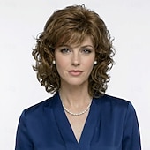 abordables perruque plus âgée-Perruque bouclée élégante pour femme - brun riche avec frange douce