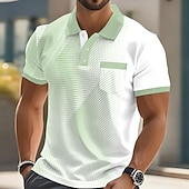 billiga Geometrisk pikétröja för män-Herr Geometrisk Pikétröjor Kortärmad Polotröjor Skjortor med krage Business Casual Utomhus Fritids- Dagliga kläder 3D-utskrift Knappar Vår &amp; sommar Blå Purpur Brun