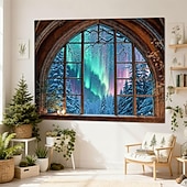 cheap Wall Tapestries-Spaceship Porthole View Outer Space Galaxy Universe Ringed Planet Nebula Stars Icy Moon Landscape Sci-Fi Window Wall Tapestry Hanging for Gaming Room Decor Bedroom Office Backdrop