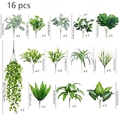 お買い得  人工植物と緑-16個の屋外用人工植物、UV耐性フェイク低木、プラスチック製グリーン、屋外屋内吊り下げ植物、庭、ポーチ、窓辺のプランター、ホームウェディング、ファームハウス装飾用フェイク植物