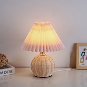 cheap Room Decor Lights-Rattan Wicker Lampshade, Small Table Lampshade, Mini Bedside Lamp For Bedroom, Living Room, Scalloped Lampshade, Side Table, Vintage Aesthetic Pleated Lampshade