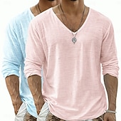  Camiseta de lino para hombre, 2 piezas, manga larga, cuello en V, verano, primavera &Conjunto de 2 piezas liso para verano, color liso, para uso diario, estilo urbano, informal, para exteriores, color