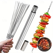 お買い得  バーベキューとアウトドア料理-ステンレス製バーベキュー串51点セット（筒状の収納ラック付き）、再利用可能なグリル串、平型キャンプ用バーベキューフォーク、アウトドア調理器具、ピクニック用調理器具、バーベキューアクセサリー