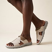 abordables Sandalias de Vacaciones-Sandalias planas de hombre en color beige y blanco con aberturas, puntera abierta, estilo casual, cómodas, ideales para el verano, vacaciones en la playa, resorts, viajes, uso doméstico, actividades al aire libre y un estilo relajado para climas cálidos.