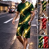 abordables Conjuntos de camisetas estampadas para hombre-Hombre Geométrico 2 piezas Conjuntos de camisetas Tops de verano Manga Corta Pantalones cortos Cuello Barco Casual / Diario Vacaciones Deporte Noche Impresión 3D Verano Azul Piscina Rojo Dorado