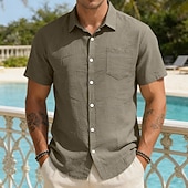 economico Vacanza-Per uomo Camicia Camicia di lino Camicia con Bottoni Tinta unica All'aperto Vacanza Nero Bianco Verde chiaro Verde scuro Manica Corta Colletto a Camicia Estate Primavera Abbigliamento Tasca