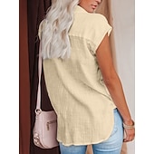 cheap Plain Blouses-Women's Blouse Cotton Shirt Buttons Solid Color Vintage Daily Stylish Short Sleeve Shirt Collar Regular Tops Daily Blue Black White Pink Wine Summer Spring