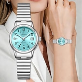 abordables Montres à quartz-Montre femme facile à lire, à quartz, avec bracelet extensible en acier inoxydable, cadran bleu turquoise avec affichage de la date, étanche, élégante et décontractée, idéale comme cadeau pour femme