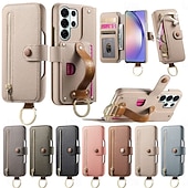 abordables 2026 Samsung Galaxy S26 Serie-teléfono Funda Para Samsung galaxia S26 S26 Plus S26 Ultra Tarjetas billetera Gire la tapa Cremallera con correa de muñeca Caballete Retro TPU Cuero de PU