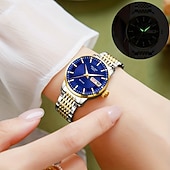 voordelige Quartz-horloges-Luxe dameshorloge, tweekleurige goud-zilveren roestvrijstalen band, lichtgevende wijzers met datum- en dagweergave, elegante zwarte wijzerplaat met diamanten accenten, een stijlvol polshorloge voor