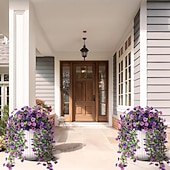 cheap Artificial Flower-4 Pcs Artificial Hanging Flowers Plants for Outdoor Spring Decoration,Faux Silk Violet with Eucalyptus Leaves,UV Resistant for Outside Home Indoor Planter Porch Patio Balcony Yard Decor