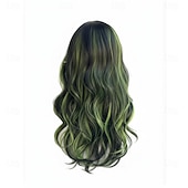 baratos Perucas de anime-Peruca longa ondulada com franja, em tom preto natural com mechas verdes. &amp;Peruca sintética gótica lolita para cosplay, com risca ao meio e resistente ao calor, ideal para uso diário e festivais.