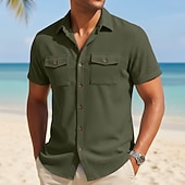cheap Men's Work Shirts-Men's Shirt Casual Shirt Corduroy Shirt Button Up Shirt Black White Yellow Navy Blue Brown Short Sleeve Solid Color Plain Textured Shirt Collar Casual Daily Front Pocket Clothing Apparel Elegant