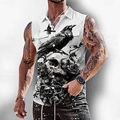 Herren Schädel Krähe Raven Hemd Knopfhemd Ärmelloses Shirt Ärmellos Dunkler Gothic-Stil Outdoor Lässig Sommer Frühling Umlegekragen 3D-Druck Zwei Fronttaschen Blau Weiß Purpur Khaki